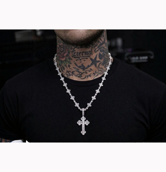 Iced Out Cross Pendant Necklace, 20 Inch Tennis Chain, CZ Diamond Statement Jewelry