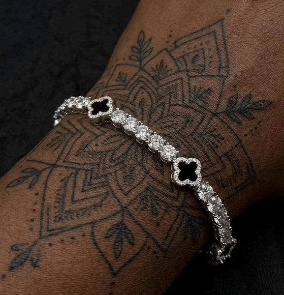 Iced Out Black Clover Tennis Bracelet, Silver Link Jewelry, Minimalist Luxury Style