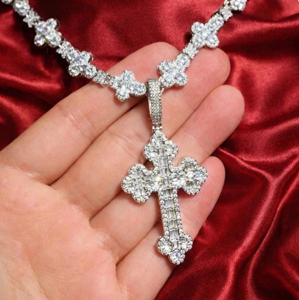 Iced Out Cross Pendant Necklace, 20 Inch Tennis Chain, CZ Diamond Statement Jewelry