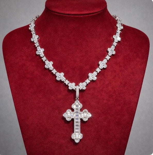 Iced Out Cross Pendant Necklace, 20 Inch Tennis Chain, CZ Diamond Statement Jewelry