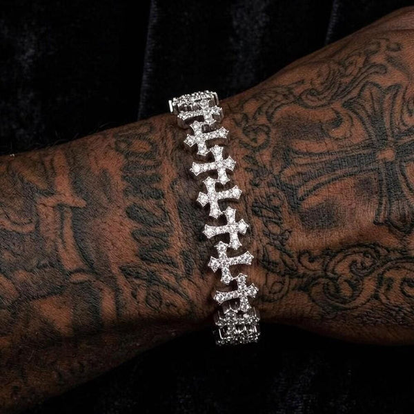 Icy Cross Bracelet, CZ Embellished, 8 Inch Men's Jewelry