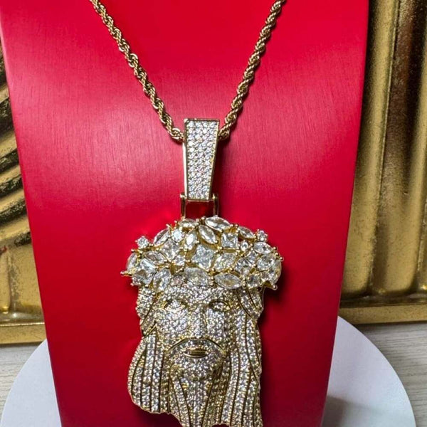 Iced Out Jesus Pendant with Thorn Crown | Silver or Gold | 18”, 20” &amp; 24” Rope Chain |