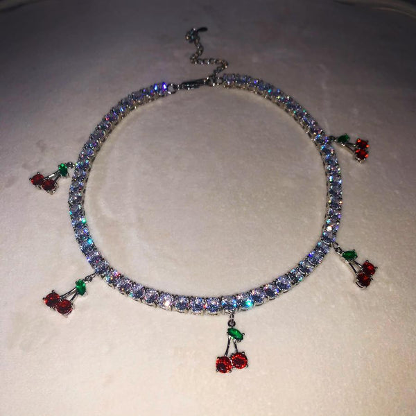 CHerry tennis choker ,(FREE! BUY ONE GET ONE FREE ,ADD 2 TO CART) cz tennis cherry  necklace , bling iced cherry  necklace, cherry  necklace, cherry jewelry
