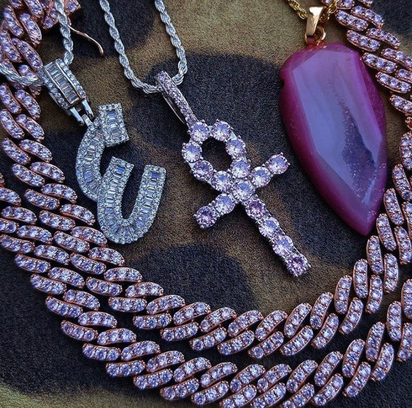 2 piece SET 9MM Mini Pink and rosegold miami cuban link chain , pink b ...