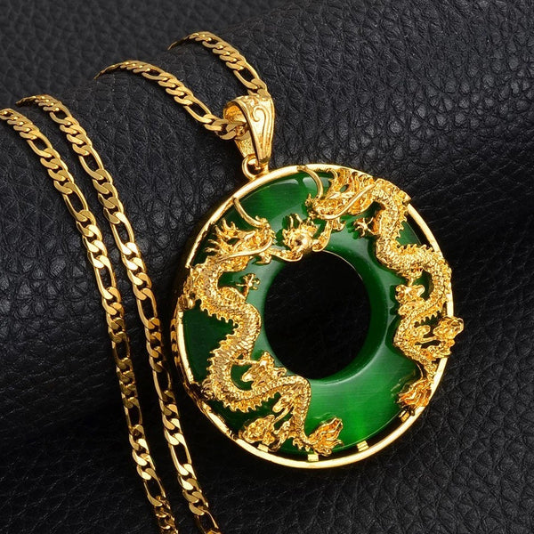 Dragon Pendant Necklace, 18k gold plated Men Jewelry Chinese Style Artificial Green Jade Good Luck Happiness