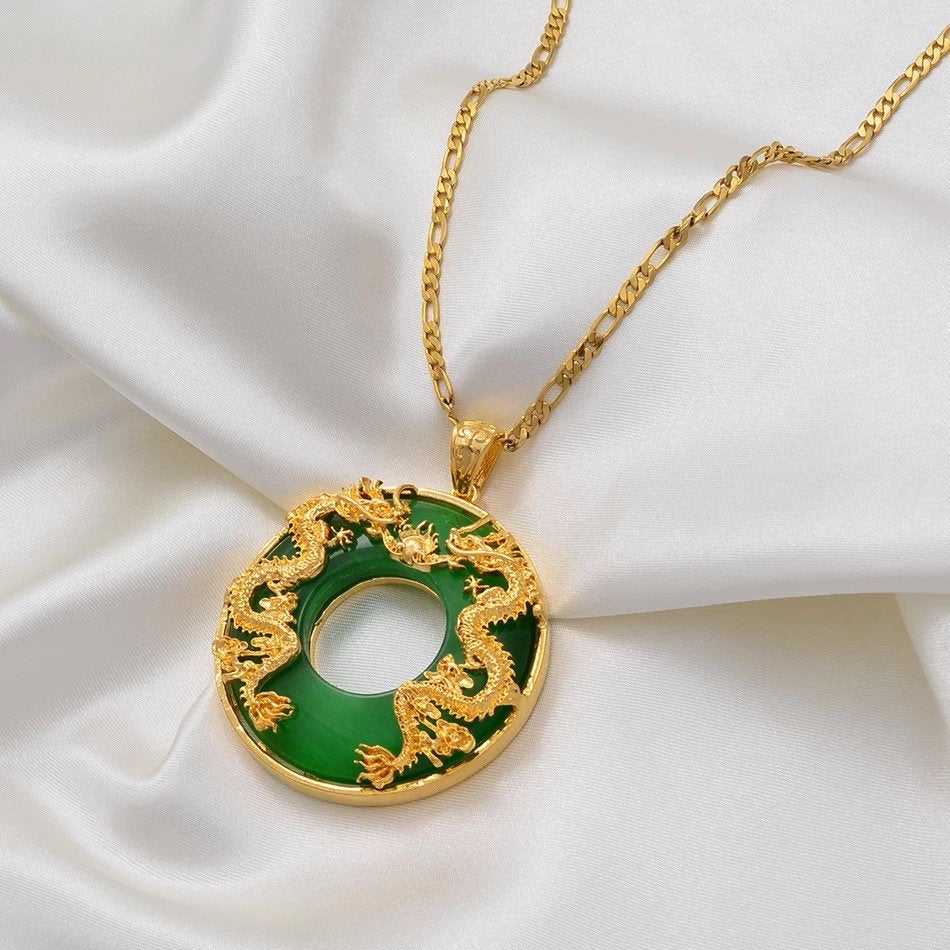 Dragon Pendant Necklace, 18k gold plated Men Jewelry Chinese Style  Artificial Green Jade Good Luck Happiness