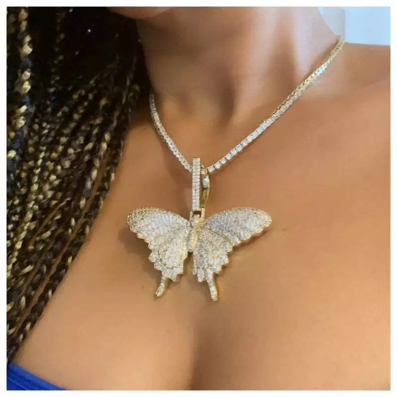 アクセサリー Iced Out Butterfly Tennis Necklace Amazon.com: Asphire Sparking Rhinestone Butterfly Pendant