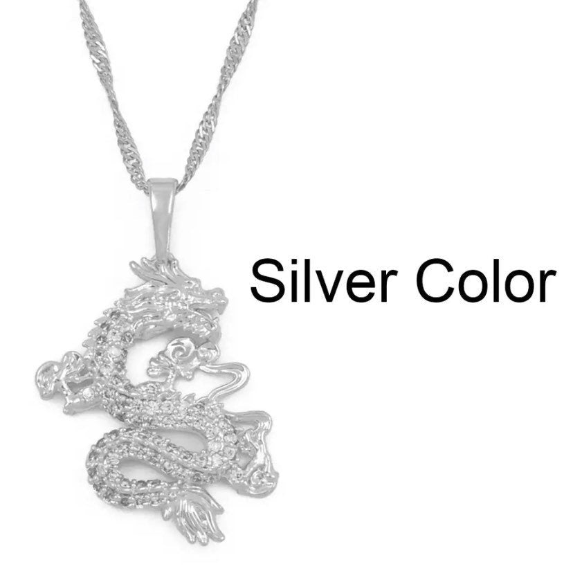18k Gold Filled Over Sterling Silver Dragon Pendant – 24 Inch Cuban Link Chain, Men’s Engraved Charm D674