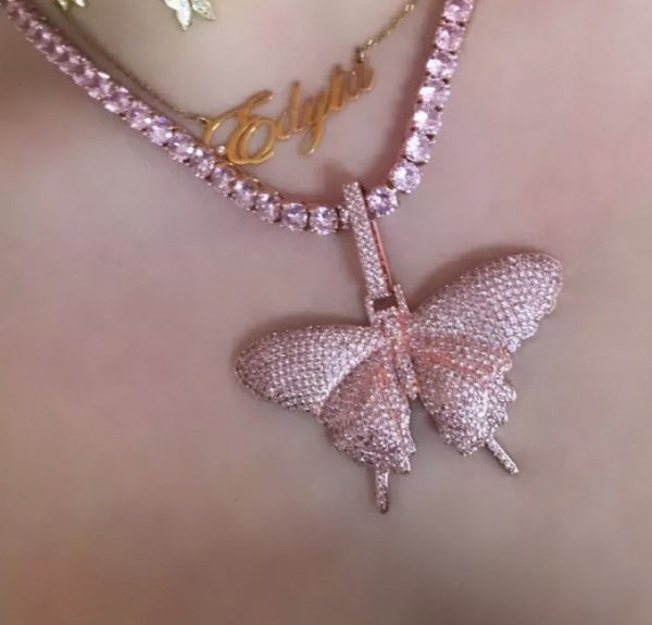 3 piece SET,pink tennis butterfly necklace and Mini Pink and rosegold miami cuban link chain , pink barbie  choker , pink choker,