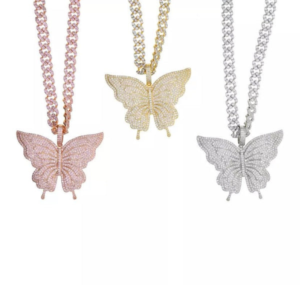 9m Butterfly cuban choker chain necklace , pink cuban choker , butterfly necklace, butterfly pendant