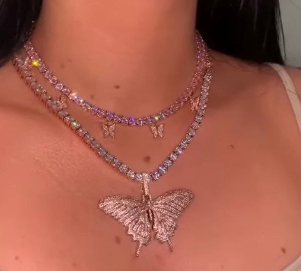 3 piece SET,pink tennis butterfly necklace and Mini Pink and rosegold miami cuban link chain , pink barbie  choker , pink choker,