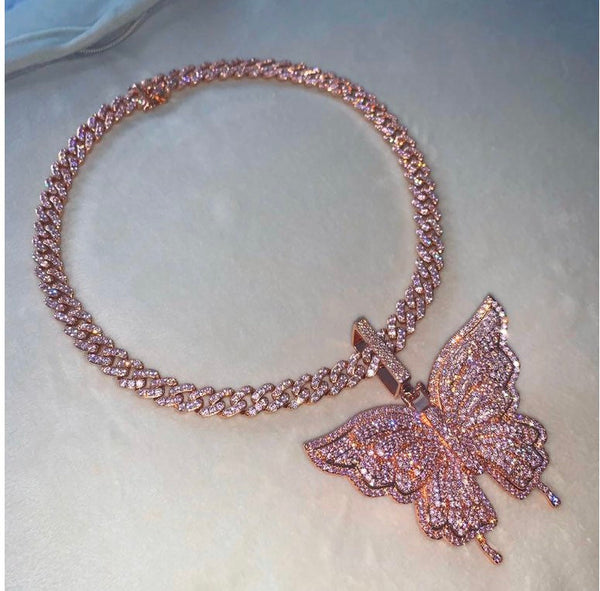 9m Butterfly cuban choker chain necklace , pink cuban choker , butterfly necklace, butterfly pendant