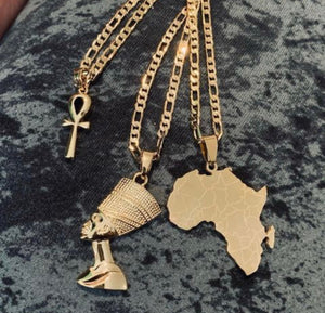 Gold Ankh necklace , mini africa necklace and Nefertiti necklace set, ancient egypt jewelry necklace, gold ankh nefertiti africa