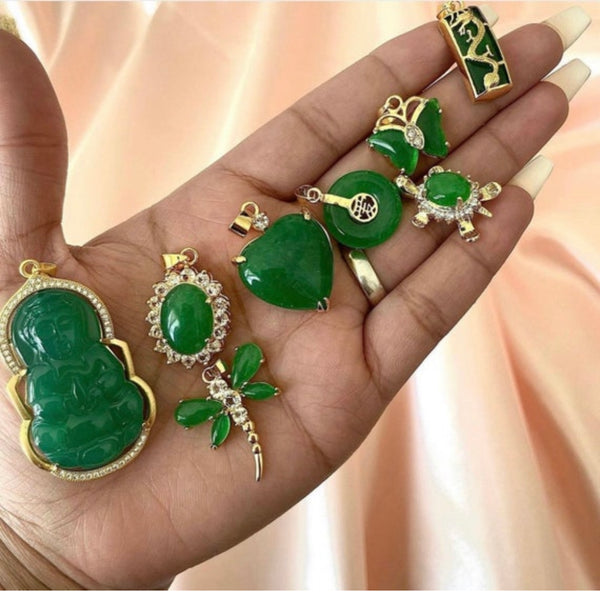 Green Jades Stone Heart Bead Gems Diamante Pendant