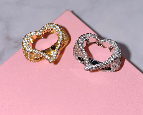Open Heart  ring ,heart CZ Ring , luxury ring , Full Cubic Zircon Paved Copper Big Heart Ring Iced Out Bling Hip Hop Fashion