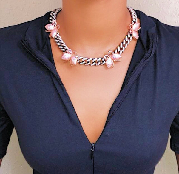 12mm Cuban Pink Butterfly Necklace (FREE! BUY ONE GET ONE FREE ,ADD 2 TO CART)