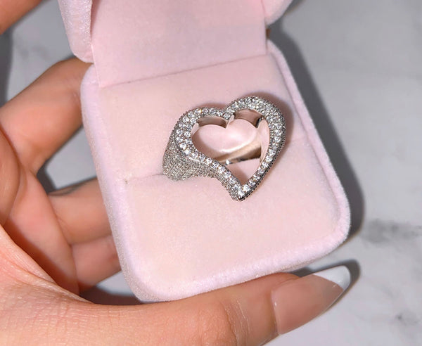 Open Heart  ring ,heart CZ Ring , luxury ring , Full Cubic Zircon Paved Copper Big Heart Ring Iced Out Bling Hip Hop Fashion