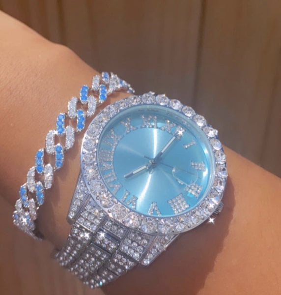 2 piece set blue and silver watch and bracelet
