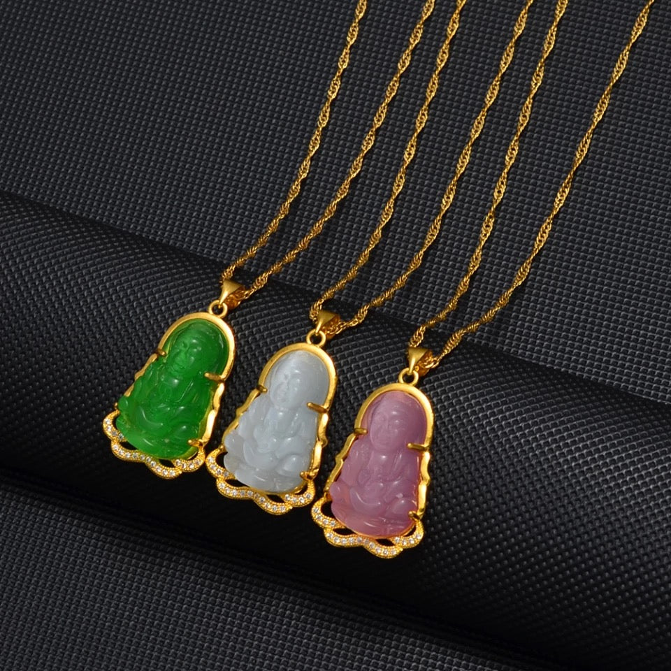 NZ1480 18k Gold Plated CZ Paved Green Jade Buddha Guanyin Pendant Necklace Chinese Style Green Buddhist Ornament Amulet Jewelry