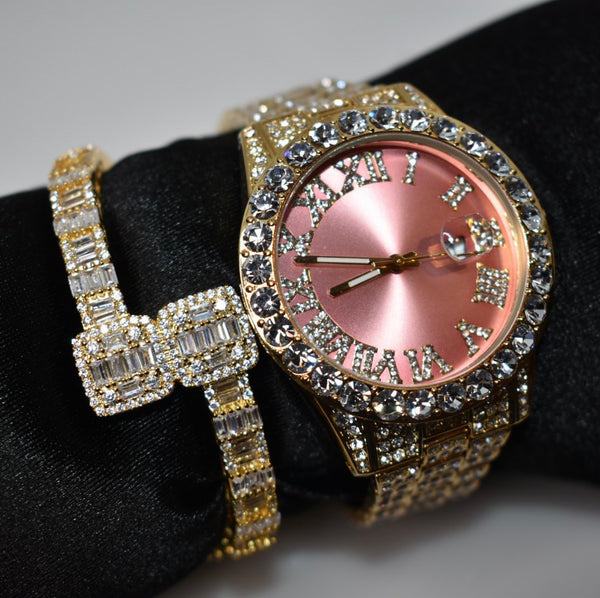 2 piece SET ! Pink and silver watch and square baguette bracelet