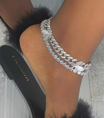2 piece set butterfly And rhinestone anklet