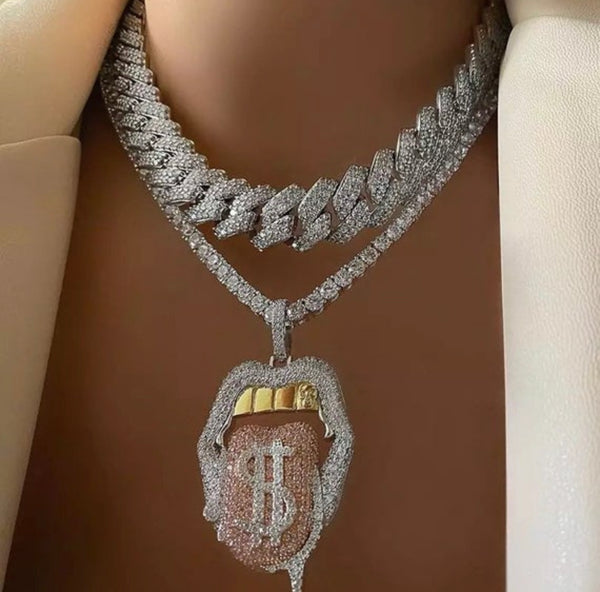 Iced out white pink mouth pendant Dollar symbol engraved hiphop bling cz pave tennis chain dripping Lip men boy necklace jewelry