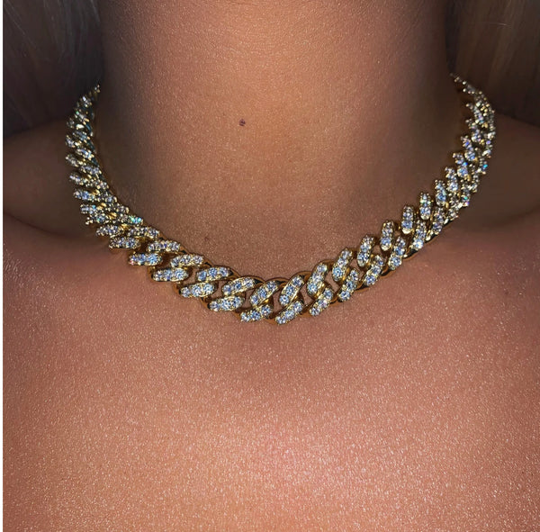 12mm silver gold pink  cuban Choker Necklace ,gold /rose Gold Cuban Link With gold &Pink Cubic Zirconia Chain Jewelry ,