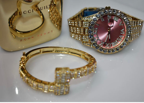 2 piece SET ! Pink and silver watch and square baguette bracelet