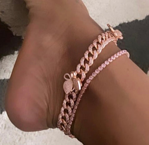 2 piece butterfly cuban anklet and tennis anklet