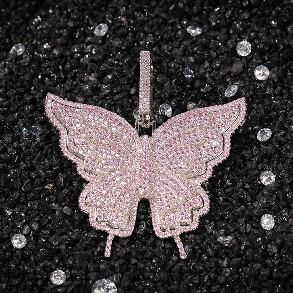 Uwin Butterfly Pink Rosegold CZ Pendant With 9mm Iced Out Cuban Chain Micro Pave Cubic Zircon Necklace Jewelry For Gift