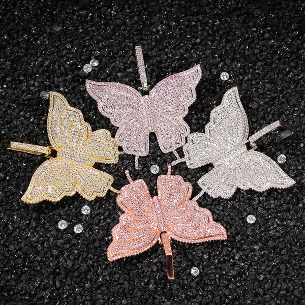 Uwin Butterfly Pink Rosegold CZ Pendant With 9mm Iced Out Cuban Chain Micro Pave Cubic Zircon Necklace Jewelry For Gift