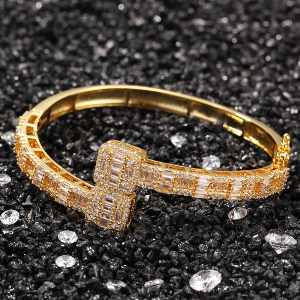 Iced Out Bling CZ Opened Square Zircon discount Charm Bracelet Gold Silver Color CZ Bangle For Men Women Luxury Hiphop Jewelry