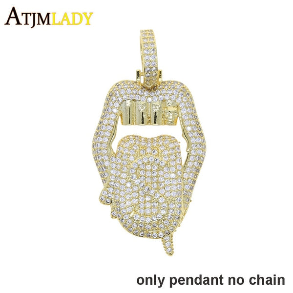 Iced out white pink mouth pendant Dollar symbol engraved hiphop bling cz pave tennis chain dripping Lip men boy necklace jewelry
