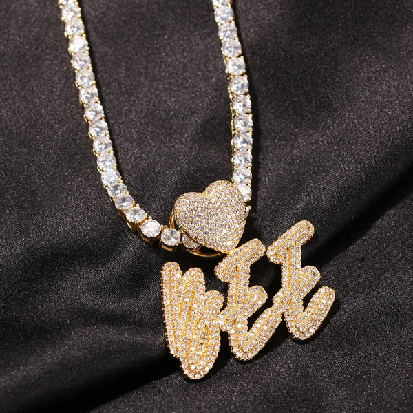 HEART Name Necklace With Heart Clasp Double Layers Cursive Iced Out CZ Letter Pendant Hiphop