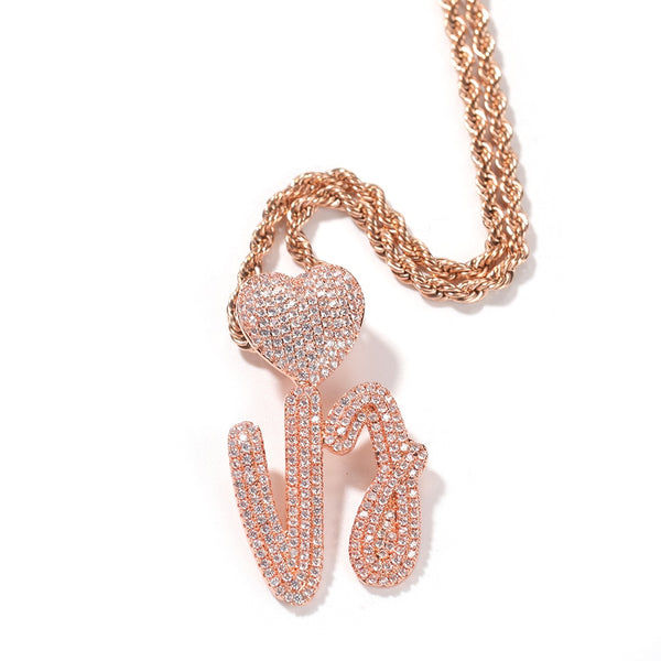 HEART Name Necklace With Heart Clasp Double Layers Cursive Iced Out CZ Letter Pendant Hiphop
