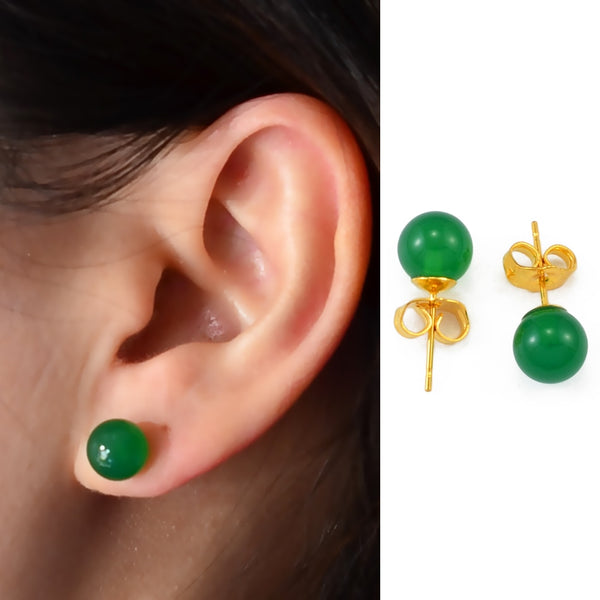 Jade  Green Stone Ball Earrings For Women Girls Gold