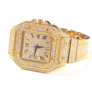 Hip Hop Full Iced Out Full Drill Men Square Watches Stainless Steel Fashion Luxury Rhinestones Quartz Square Business Watch