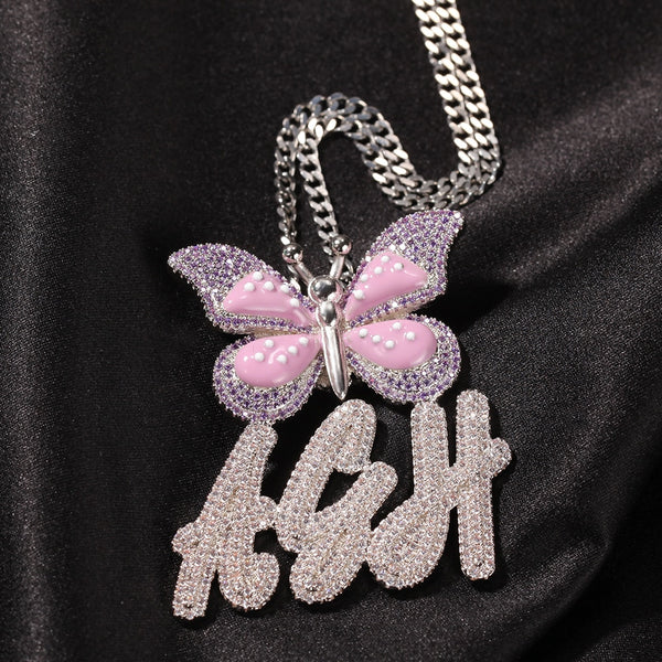 Butterfly Custom Initial Pendant Iced Out Personalised Necklace Gift Drop Shipping