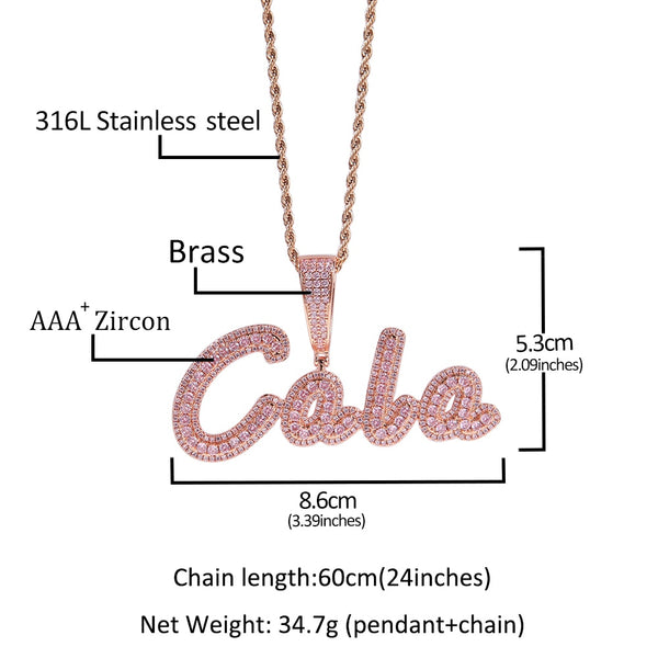 Custom Brush Cursive Letter Two Tone Pendant Name Necklace Baguettes Chain Micro Paved CZ Personalized  Hiphop Jewelry