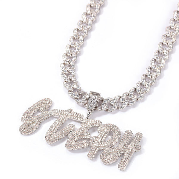 Brush Letters With 9mm Iced Out Cuban Chain Custom Name Necklace