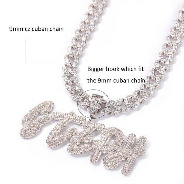 Brush Letters With 9mm Iced Out Cuban Chain Custom Name Necklace