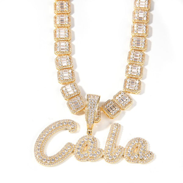 Custom Brush Cursive Letter Two Tone Pendant Name Necklace Baguettes Chain Micro Paved CZ Personalized  Hiphop Jewelry