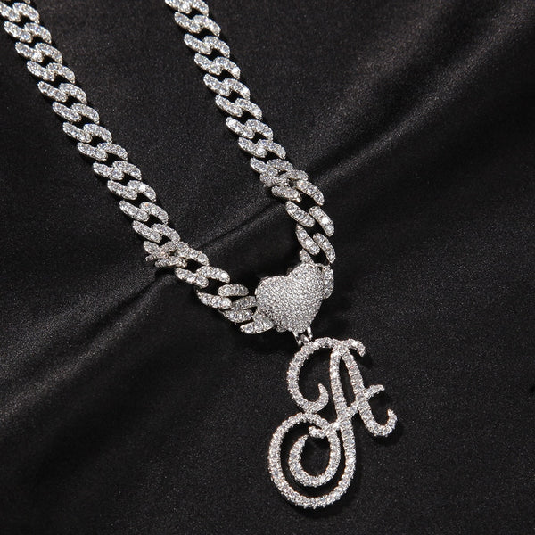 9mm Cursive Letters With Heart Bail 9mm(PRE-ORDER) Iced Out Cuban Chain Brush Intial Name