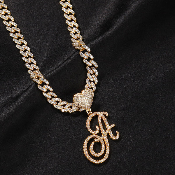 9mm Cursive Letters With Heart Bail 9mm(PRE-ORDER) Iced Out Cuban Chain Brush Intial Name