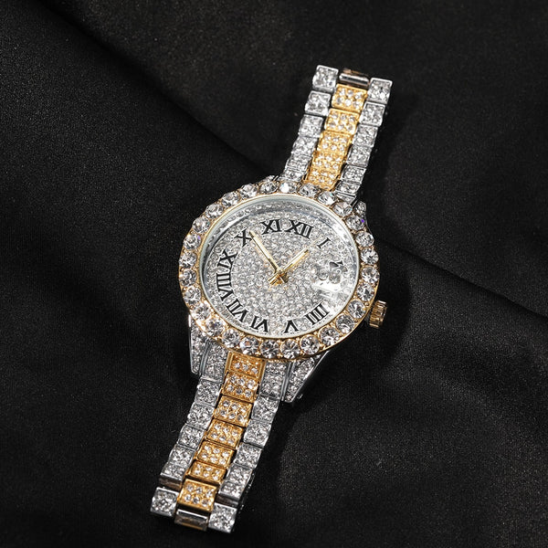 Icy watch,THE HIP HOP Dial Full Iced Out Colored Stainless Steel Fashion Luxury Rhinestones Quartz Wristwatches Business Woman Watch