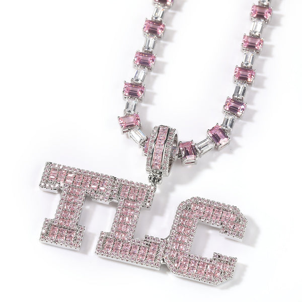 Pink Baguette Letters Custom Name Necklace Pendant With Heart Tennis Chain or baguetter chain Iced Out Personalized Jewelry