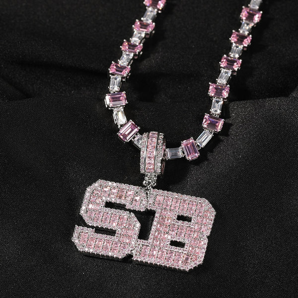 Pink Baguette Letters Custom Name Necklace Pendant With Heart Tennis Chain or baguetter chain Iced Out Personalized Jewelry