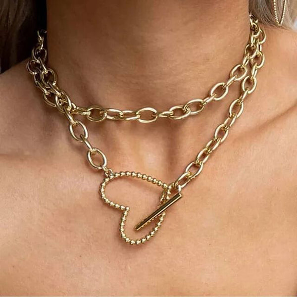 Heart Shaped Toggle Clasp Untique Cuban Chain Choker Necklace
